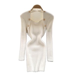 Femmes Collier carré rétro à manches longues mohair laine tricotée chaude sexy bodycon tunic court chouchard desinger robe