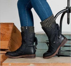 Botas Retro de gamuza a media pantorrilla para mujer, Botas de nieve a la moda, zapatos hasta el muslo, Botas cálidas de gamuza, calcetines tejidos de lana, zapatos Martin