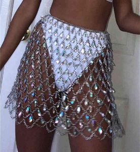 Vrouwen Rijn Sparkle Body Chain Sexy Bikini Cover-Up voor Rave Beach Dance Party Club Kleurrijke blauw Gold Belly Dance Rok T2208192495367