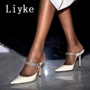 Femmes Rhinestone Liyke Pumps Robe Fashion Blanc Brand Cuir en cuir mince High Heels Mules Sandales sexy
