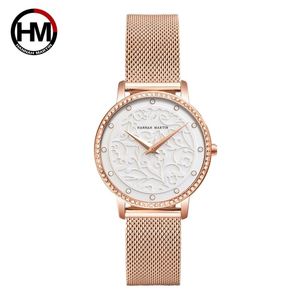 Femmes strass montres mode fleur blanche 3D gravure cadrage visage japon n'est pas imperméable de la marque de luxe domese montres 210527