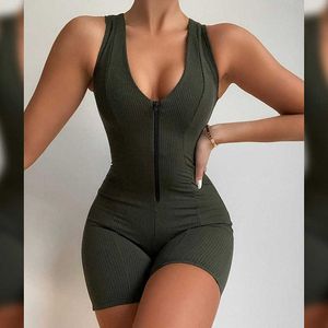 Vrouwen geribbelde sexy romper jumpsuit mouwloze v-hals rits mini playsuits vrouwelijke sexy skinny stretch fitness club dragen zomer 210604