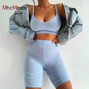 Femmes côtelées deux pièces ensemble slim survêtement costume blanc débardeurs col en v crop top + leggings shorts tenues de sport décontractées été 210517