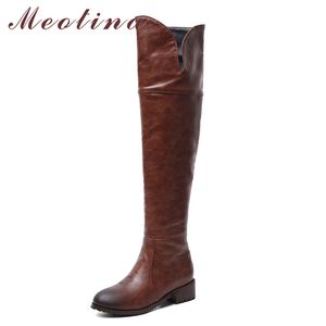 Femmes Bottes d'équitation Chaussures Zip Talon moyen sur le genou Bout rond Talons épais Dames Long Hiver Noir Marron 210517