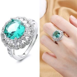Vrouwen Ringen Zilver Kleur Ingelegd Glans Groene Zirconia Verstelbare Ring Mode-sieraden Verjaardagscadeau