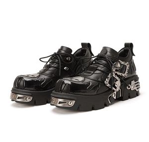 Vrouwen rock punk mannen echte metalen riemgesper Designer Men Leather Shoes Lace-Up Round Teen Flat Heels British Style 2792