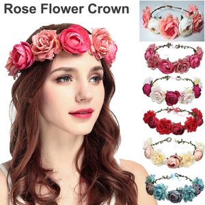 Femmes Rose fleur bandeaux couronne florale mariage guirlande cheveux couronnes fleurs casque avec ruban fête Festivals Photo accessoires