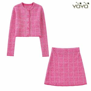 Dames roze roze kleur met één borsten 2 pc -jurk pak korte trui en rok twinset sml