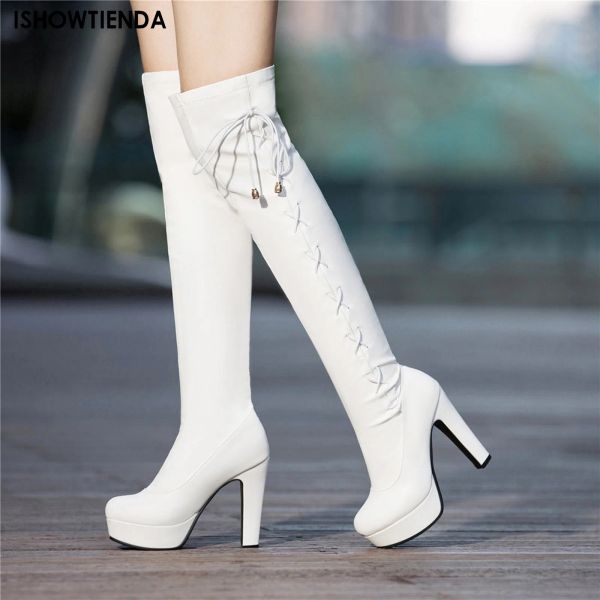 Femmes Round Toe Platform Boots Femme sur les bottes du genou Mesdames Sexy High Heels Long Boot Femme 2023 Hiver Over the Knee Shoes