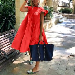 Vrouwen Ruff Sundress Elegant Casual Party Beach Vintage Swing Midi Dress 2024 Zomer Solid Boemian Oversized Vestidos Robe 240416