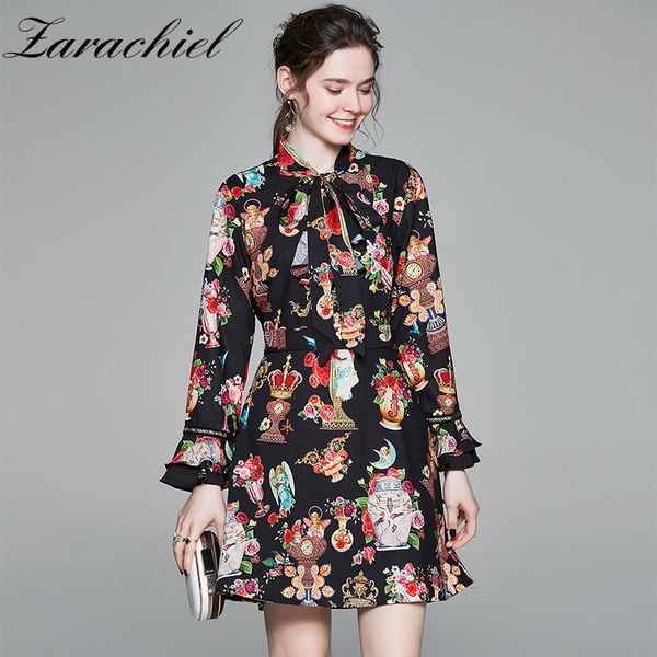 Femmes À Volants Noeud Papillon Mini Dames Flare Fleur Vase Imprimer Piste Ange Vintage À Manches Longues Casual Robe De Soirée 210416