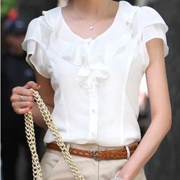 Vrouwen Ruche Chiffon Blouse Wit Overhemd Vrouwelijke Korte Vlindermouwen Plus Size 5XL Tops 220119