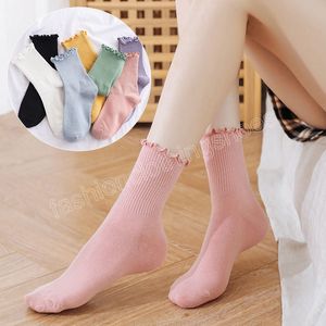 Vrouwen ruches sokken katoen ademende middelste buis vrouw paalsokken vrouwelijke streetwear crew sock calcetines de la mujer