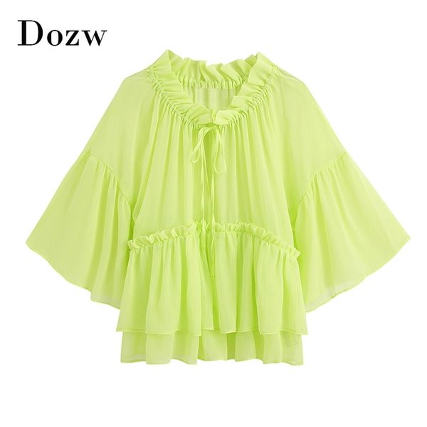 Femmes À Volants Voir À Travers Blouses Mode Noeud Papillon Flare Manches Chemisier En Mousseline De Soie Solide Doux Transparent Chemise Dames Tops 210515