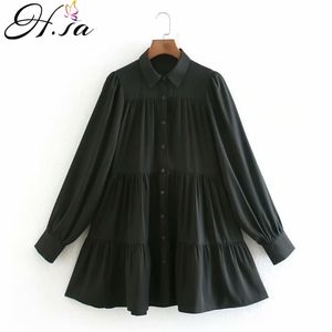 Vrouwen Ruffles Jurken Lange Mouw Zwart Shirt Vestidos Turn Collar Button Up Oversized Party Robe Mujer 210430