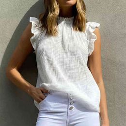 Vrouwen ruches massief mouwloze t-shirts zomer nieuwe coltrui rechte pullover vrouwelijke slanke witte vrijetijdslijtage Tops Tees 210416