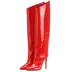 Femmes Piste Stiletto Heel Bottes Miroir Cuir Metallic sur le genou Boot Super High High Heels Chaussures à glissière Plus Taille