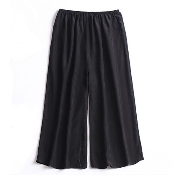 Pantalones Capri con cintura elástica para mujer, 100% seda pura, crepé, negro, con bolsillos, JN553 Q0801