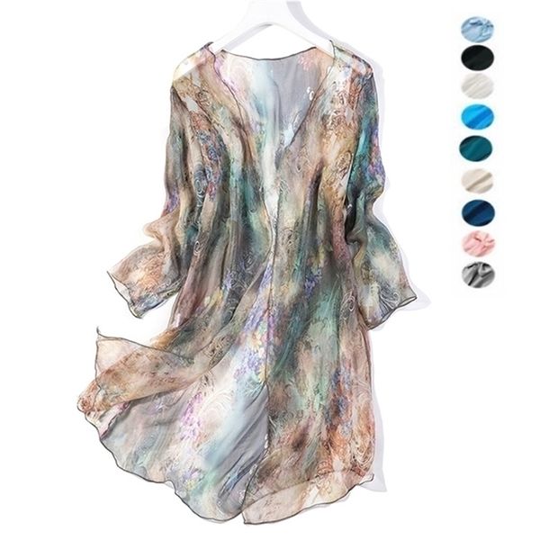 Mujeres s 100 Estampado de seda Top largo y delgado Kimono Cardigan Chal Abrigo Blusa Verano Playa Cubrir un tamaño LJ200810