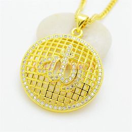 Vrouwen 18KGP Gold Tone Islamitische God CZ Ronde Hanger Ketting W Curb Chain Gift Voor Moslim Necklaces243S