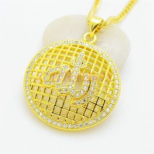 Vrouwen 18KGP Gold Tone Islamitische God CZ Ronde Hanger Ketting W Curb Chain Gift Voor Moslim Necklaces292Y