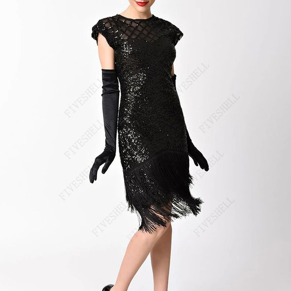 Mujeres de la década de 1920 Black Sequins Boaded Finged Gatsby Tema Roaing Art Dero Folla de boda Flapper Tassel Vestido