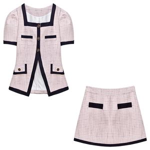 2-delige damesjurkset met vierkante kraag, pof, tweed top met korte mouwen en korte a-lijn rok, twinset SML