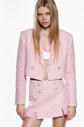 Vestidos de 2 piezas para mujer, chaqueta americana corta de tweed con patrón de rejilla de pata de gallo rosa y falda culotte de cintura alta, conjunto doble XSSML