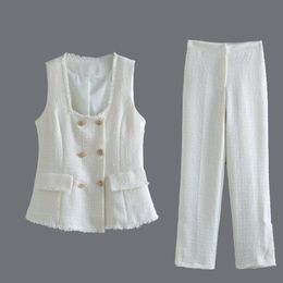 2-delige damesbroek met dubbele rij knopen van tweed wollen vest en lange broek met vierkante kraag XSSML