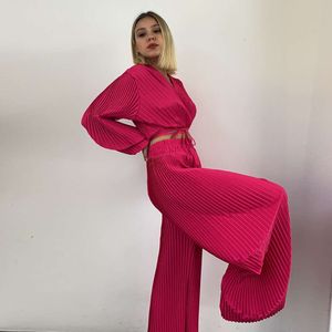 Ensemble haut court et pantalon à jambes larges pour femmes, col en v plissé, manches bulles, nouvelle collection automne 2023