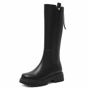 Bottes de Combat d'automne pour femmes, chaussures gothiques à plateforme haute, en cuir noir, fermeture éclair arrière au genou, 2023, 903 892