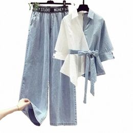 Femmes 2024 Printemps / Été Nouvel ensemble assorti coréen élégant épissage chemise + jean deux pièces femme vintage chemisier denim pantalon costume B9nA #