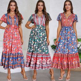 Robe longue à imprimé Floral pour femmes, nouvelle collection été 2024, col en v, manches à volants