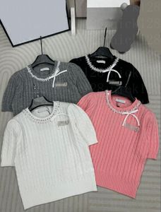 T-shirt à manches courtes à 24 tricot pour femmes avec des perles de contraste 3D, décolleté de lettre, perles, cravates, nœuds papillon, style de haute qualité 220