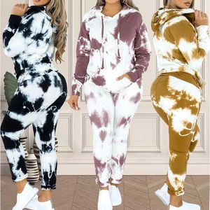 Dames 3-piece Marmeren Tie Dye Sweatsuit en Hoodies Trainingspak Sweatpants Pullover Joggers Casual Set 211221