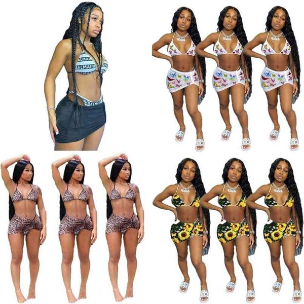 Bikini de traje de baño de 3 piezas para mujer con camisa corta, vestido, traje de baño, leopardo, girasol, mariposa, pantalones cortos deportivos, traje de bikini, trajes G35R274