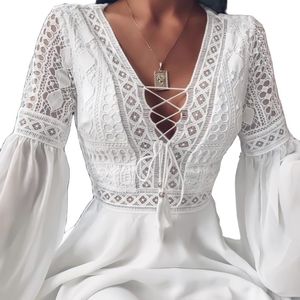 Femme Robe Trapèze Mini robe Courte Blanche Noir Rouge Manches Longues Couleur unie A Volants Patchwork Mousseline de Soie Printemps Eté Mince Col en V