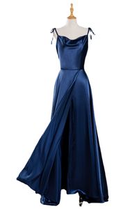 Robe de bal en Satin bleu marine, bretelles Spaghetti réglables, fente longue, col bénitier, robes de soirée formelles avec poches