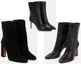 Botines de mujer, cuero puntiagudo, cremallera trasera adelgazante, cuero esponjoso, tacones altos, vestido de noche, botas casuales cómodas para mujer, bolsa para el polvo Eu35-41 con caja