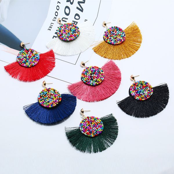 Perles colorées artificielles pour femmes, boucles d'oreilles à pompon en forme d'éventail, à franges semi-circulaires, bohème, long pendentif, 7 couleurs, lot mixte de 12 pièces