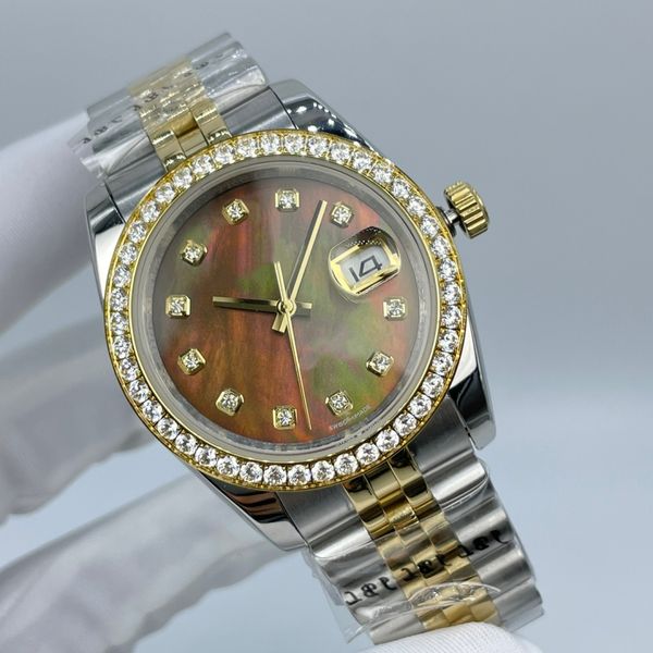 Reloj mecánico automático para mujer, esfera con fecha, bisel de diamante de 36mm, hebilla plegable de acero inoxidable, reloj para mujer