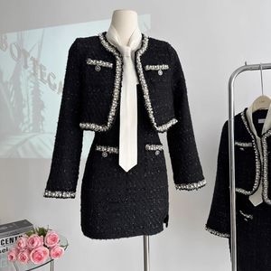 Veste courte en laine tweed et paillettes pour femmes, costume d'automne avec perles et bretelles spaghetti, SML