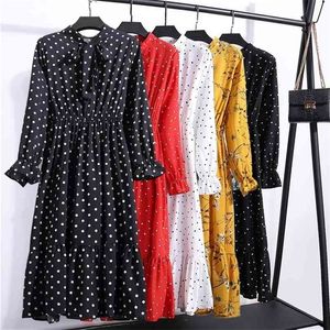 Vrouwen S Herfst Casual jurken Black Dot Vintage Floral Printed Chiffon Shirt Jurk Long Sleeve Bow Midi Vestidos Plus Maat 210322