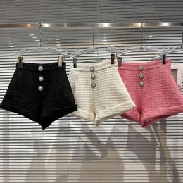 Pantalones cortos de lana de tweed de un solo pecho con botones de diamantes de imitación de cintura alta de otoño para mujer SML
