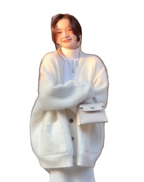 Femmes automne mode coréenne col en v mohair laine tricoté manches chauve-souris lâche épaississement pull cardigan manteau SMLXLXXL
