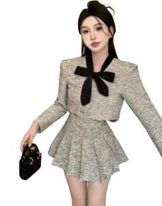 Dames herfst vetersluiting strikkraag tweed wollen korte jas met hoge taille en geplooide minirok twinset 2-delig rokkostuum SML