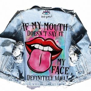 Otoño de las mujeres Nueva venta caliente Street INS Net Red con la misma chica juguetona Tgue Out Print Pattern Solapa Denim Jacket V7SY #