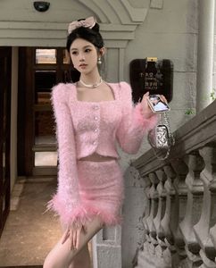Dames herfst slanke taille zoete tweed roze bont manchet korte top en mini rok tweedelig Desinger Dress Set SML