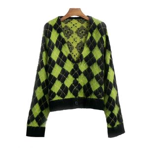 Pulls d'automne pour femmes Cardigan tricoté rhombique Argyle Plaid Vintage Manteau Doux Vêtements d'hiver Femme Tops GK503 210507