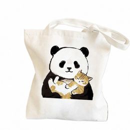 Vrouwen Tas Casual Grote Capaciteit Schoudertassen Tassen Shopper Canvas Panda katten Fi Harajuku Print Ulzzang Handtassen O6Oq #